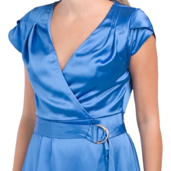 Tahari ASL NWT Blue Satin Midi Dress, Flutter Sleeves Belted Women's Size 8 - Picture 13 of 13